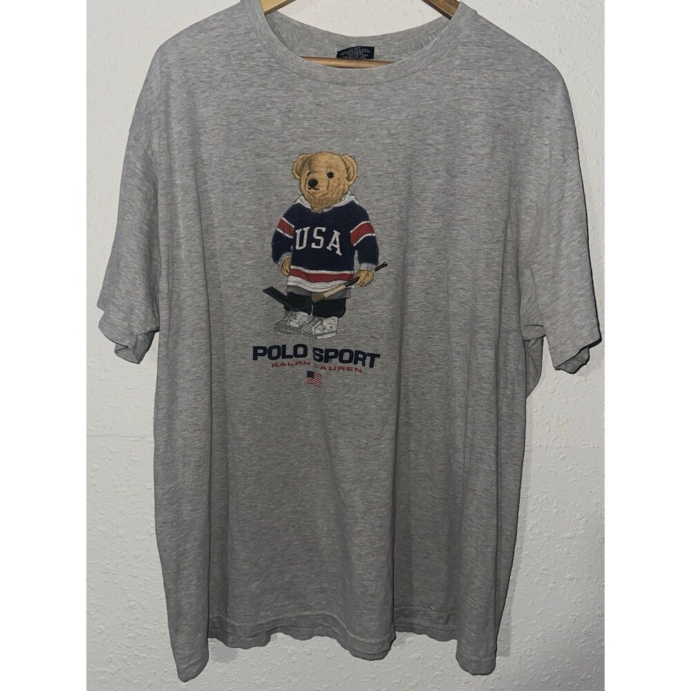 Ralph Lauren Polo Bear T Shirt Men Size L USA MADE Vintage Single Stitch Hockey